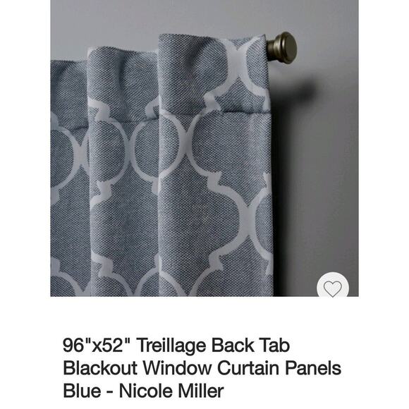 Nicole Miller Treillage Back Tab Blackout Window Curtain Panels Blue 52"x96" New - Picture 3 of 9